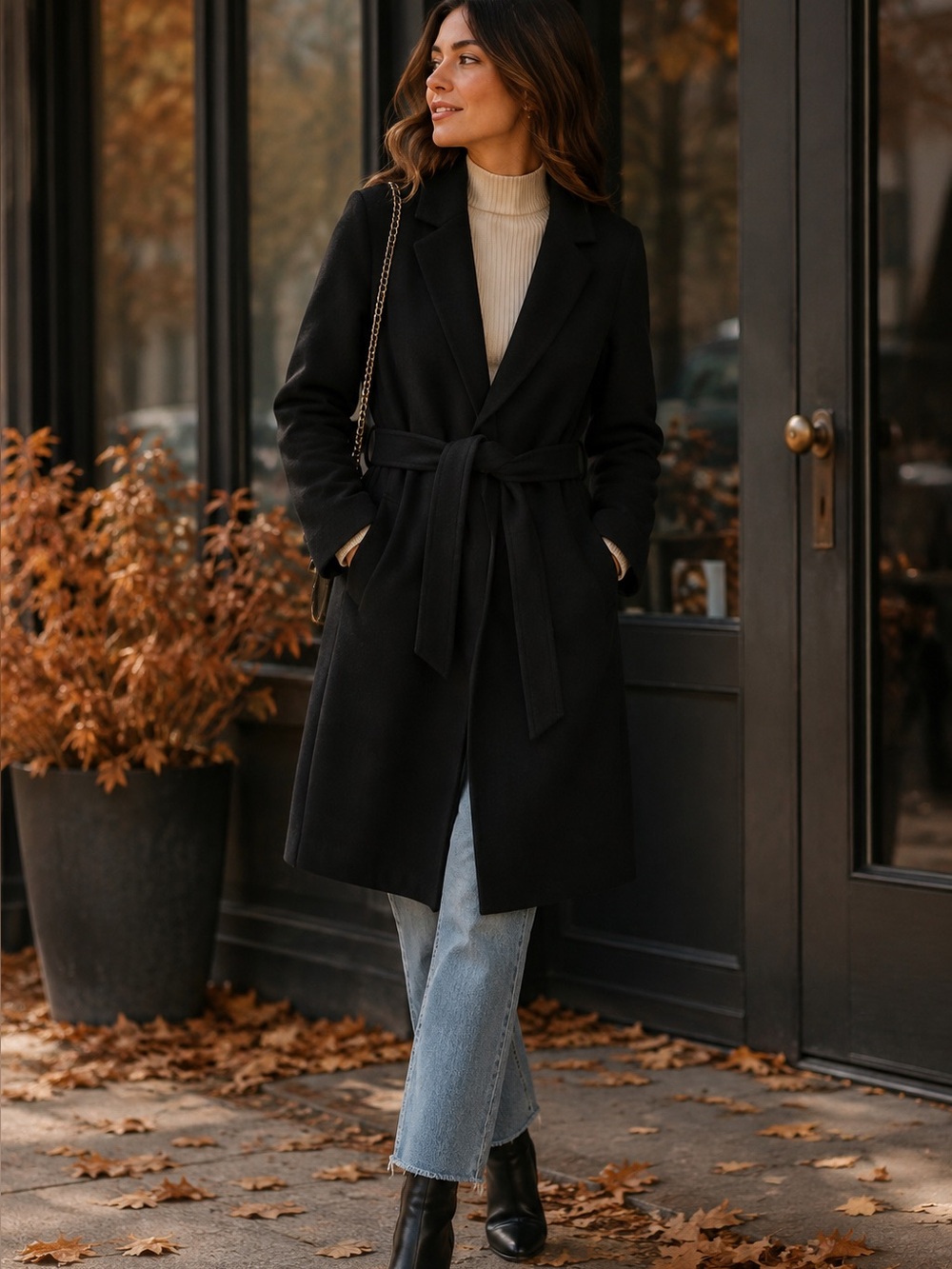Zara Black Belted Midi Wrap Coat with Pockets | Classic Fall Jacket | Size XL